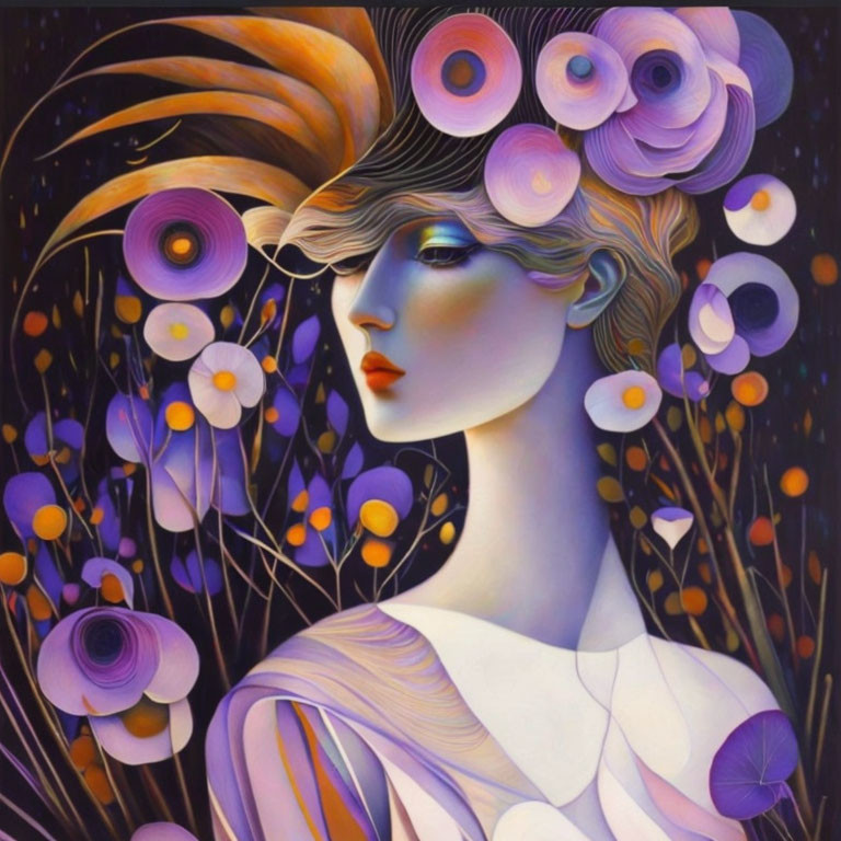 Stylized illustration of woman with purple floral headdress on night-sky backdrop