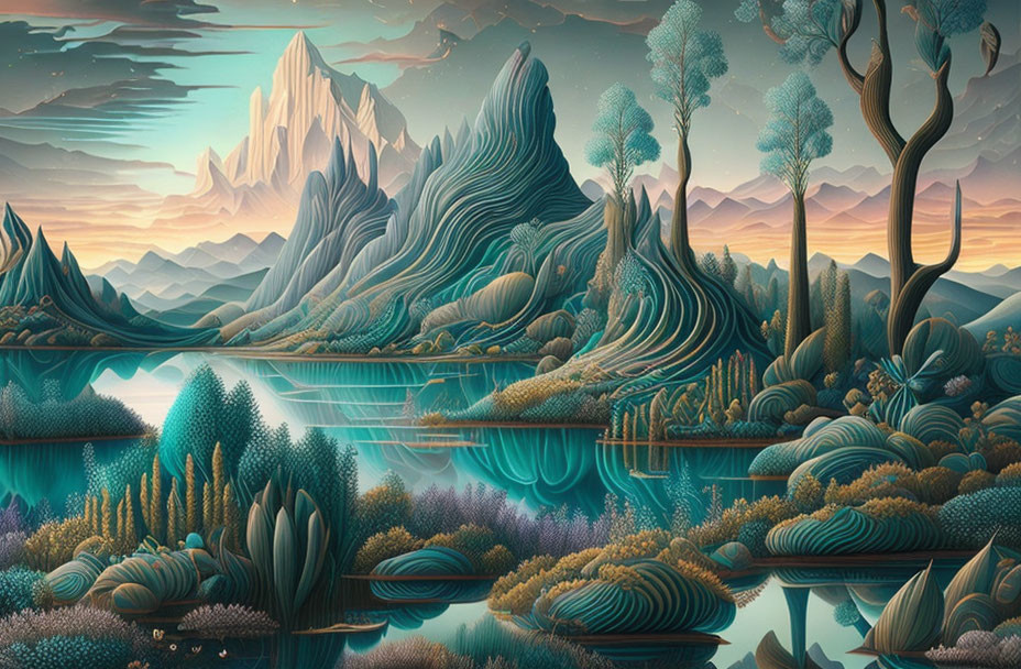 Surreal landscape with wavy hills, serene lakes, and layered mountains