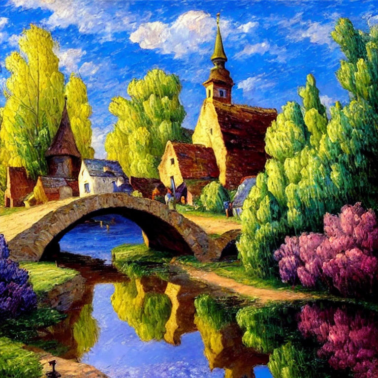 Colorful impressionist village painting with stone bridge, river, and lush trees under blue sky