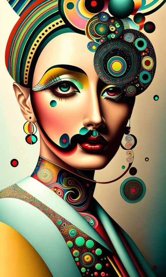 Vibrant digital portrait of woman with elaborate patterns and bold makeup