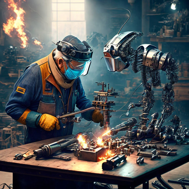 Welder creating mechanical dinosaur in fiery workshop