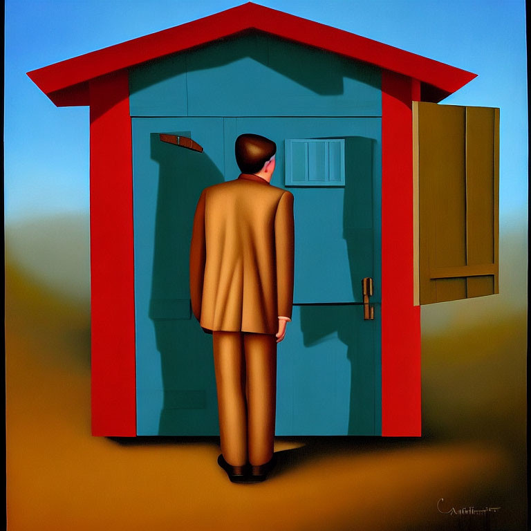 Surreal painting of man at oversized keyhole in red house