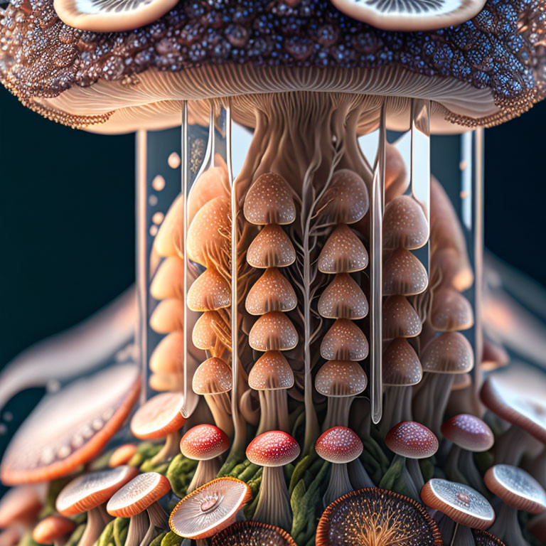 Detailed digital artwork of magical mushroom tree with smaller mushrooms in fantastical perspective