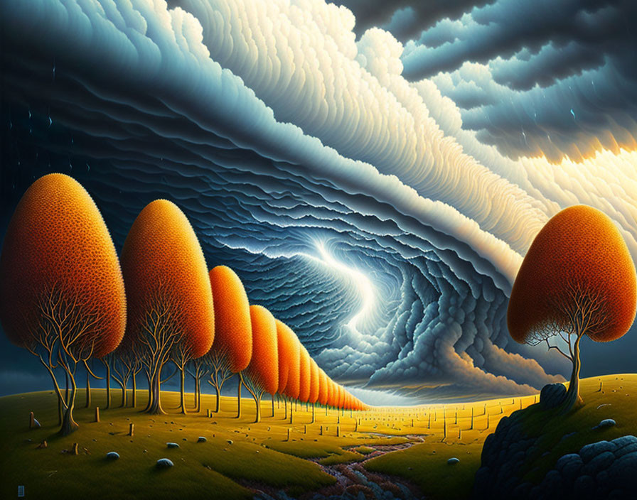 Surreal landscape with orange tree-like forms under dramatic sky