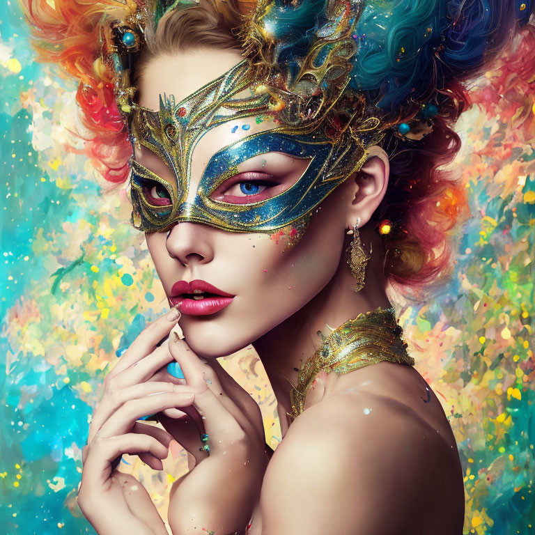 Colorful Rainbow Hair and Golden Masquerade Mask on Splattered Background