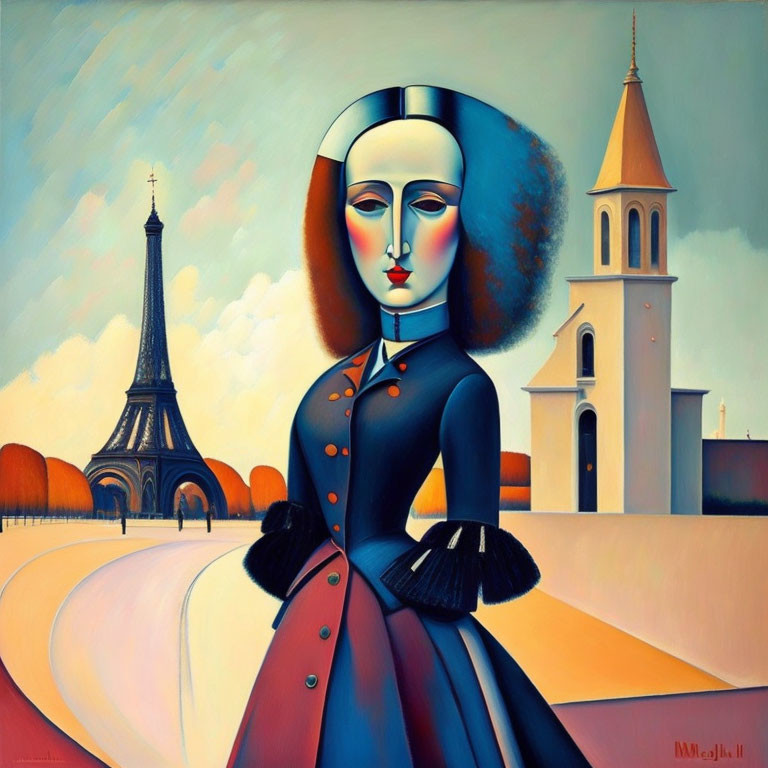 Dual-faced woman painting near Eiffel Tower and church with vibrant colors