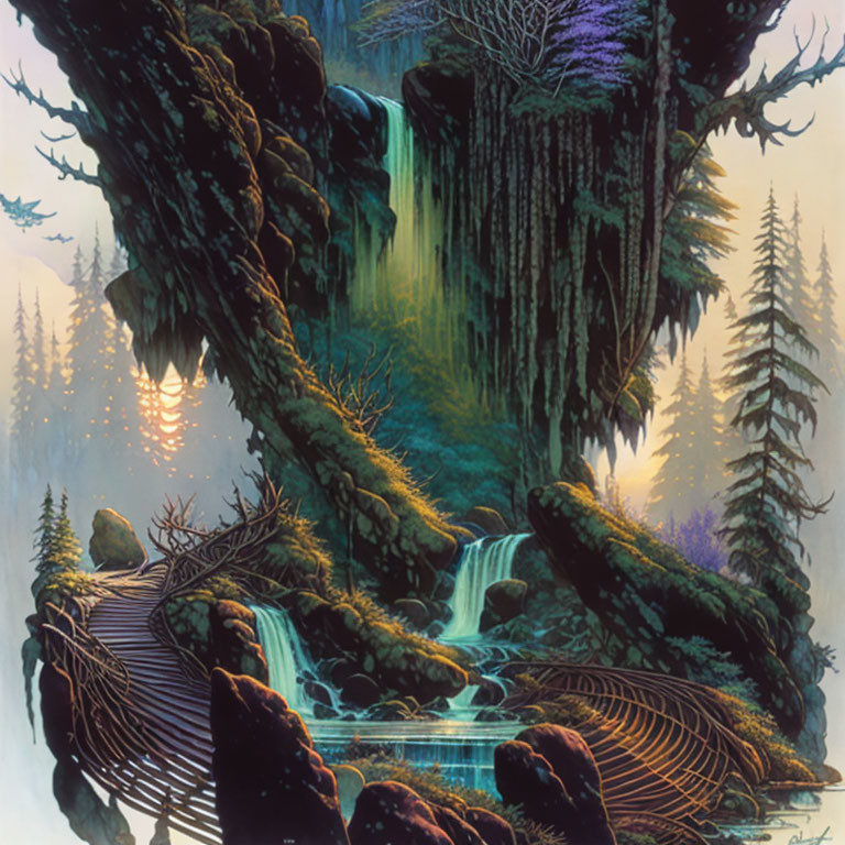 Enchanting fantasy forest with waterfall, moss, and large tree roots