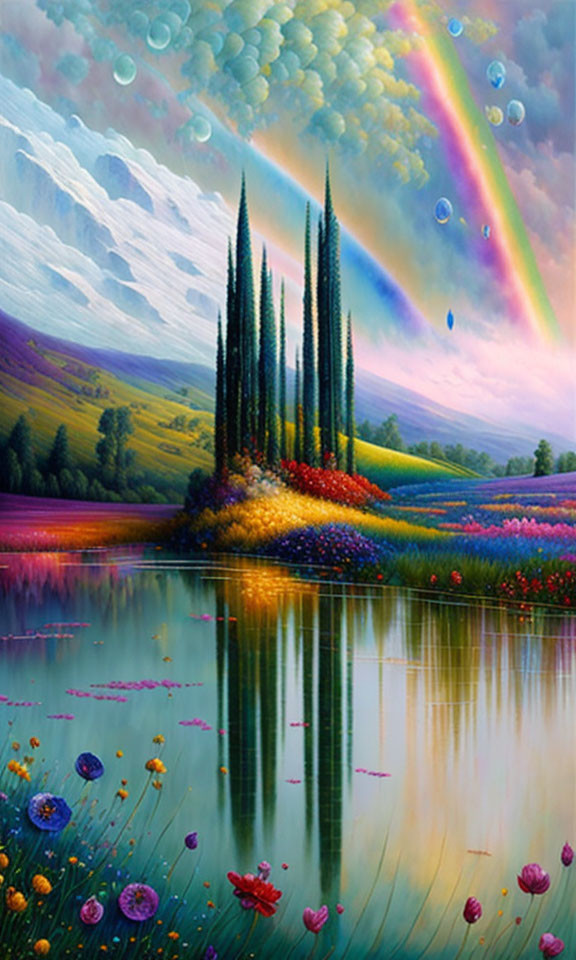 Serene landscape painting with lake, cypress trees, flowers, rainbow