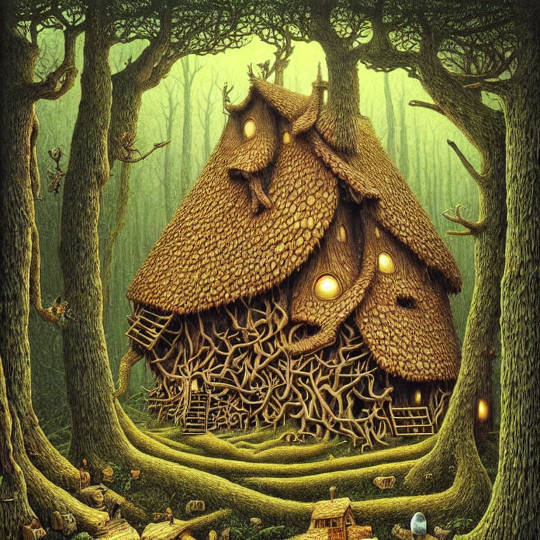 Thatched-Roof Cottage and Gnarly Tree Roots in Misty Forest