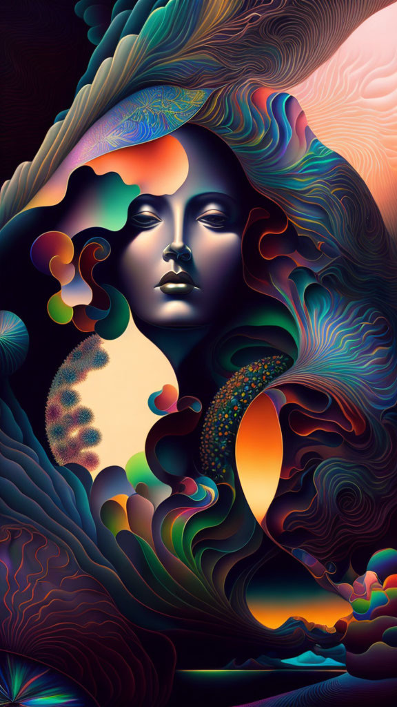 Colorful Surreal Face Melded with Abstract Patterns