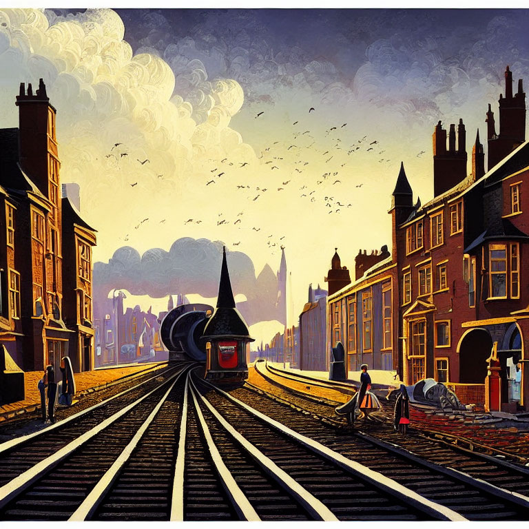 Vintage-style illustration of street with tram, railway tracks, classic buildings, dramatic sky, people walking