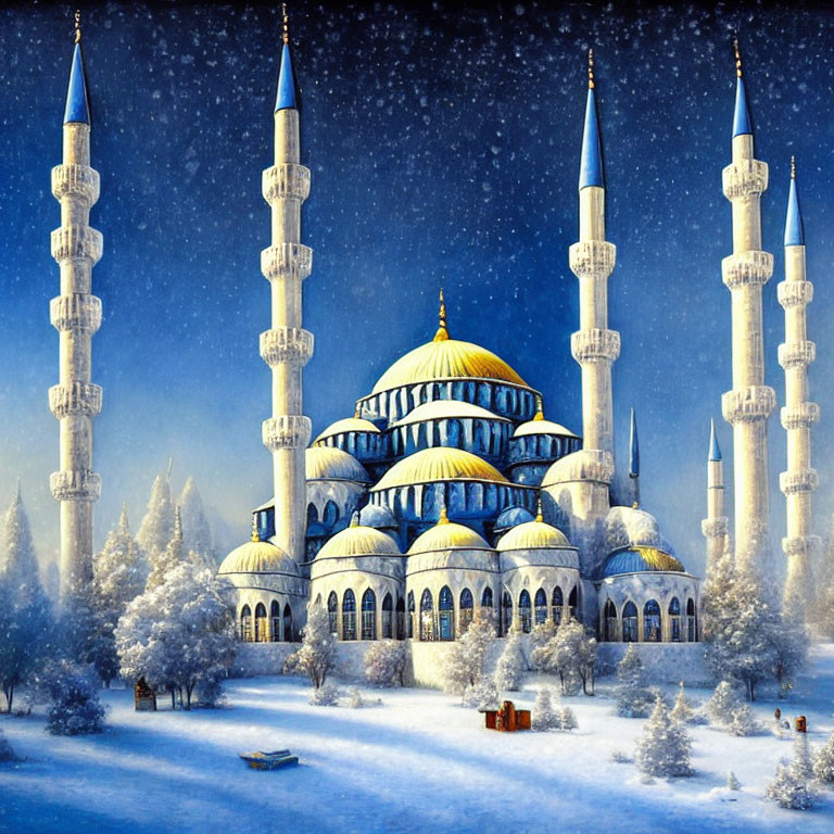 Snow-covered mosque with domes and minarets in wintry scene