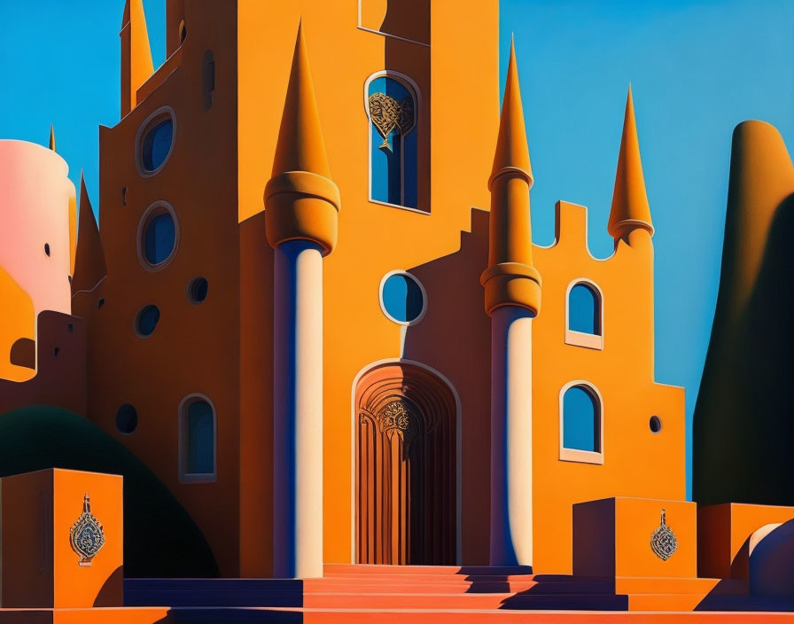 Colorful digital illustration of an orange fantasy castle against a blue sky