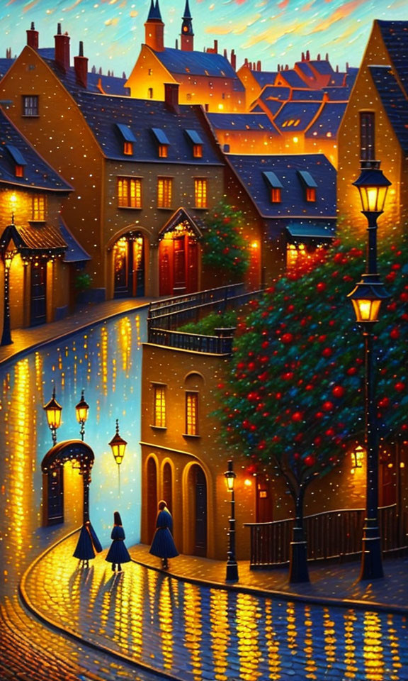 Cobblestone street at night with Christmas tree and snowfall