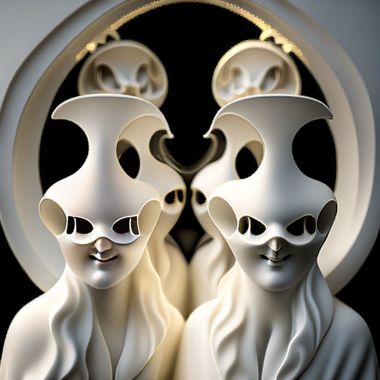 Symmetrical white masks with gold accents on dark background