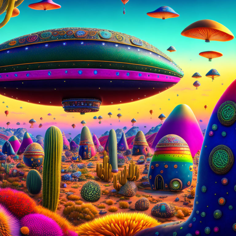 Colorful Psychedelic Landscape with Mushrooms, Cacti, and UFOs