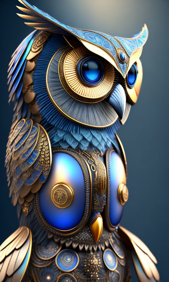 Detailed digital artwork: Mechanical owl with blue and gold patterns & luminous eyes