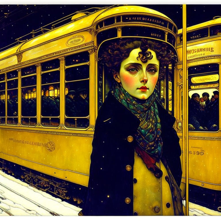 Vivid illustration of stylized woman and vintage tram in snowy night.