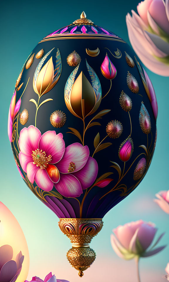 Fabergé egg with floral designs on gradient background