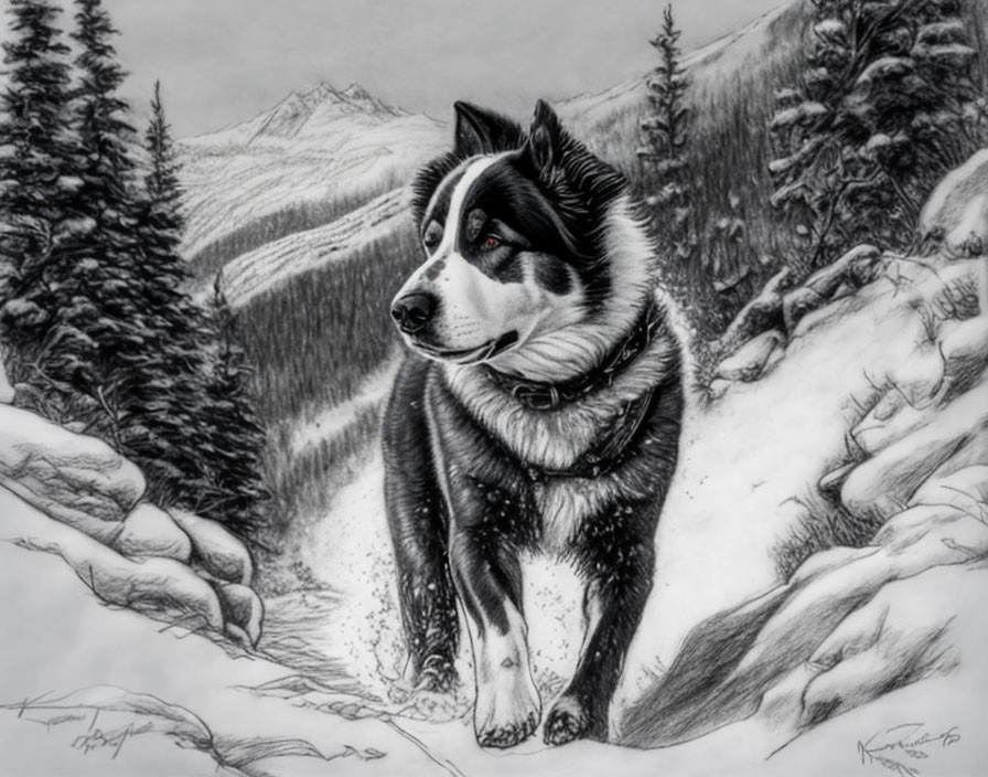 Detailed Black and White Husky Sketch in Snowy Landscape