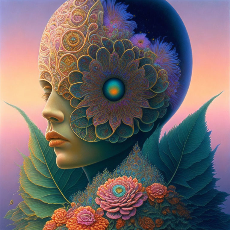 Surreal portrait: person with floral head, dark moon, feathers, flowers