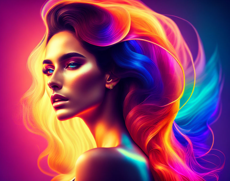 Vibrant woman with colorful flowing hair on neon-lit background