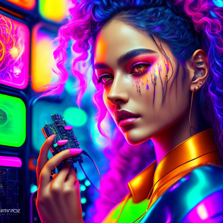 Colorful Neon Cyberpunk Woman Holding Electronic Device in Digital Art