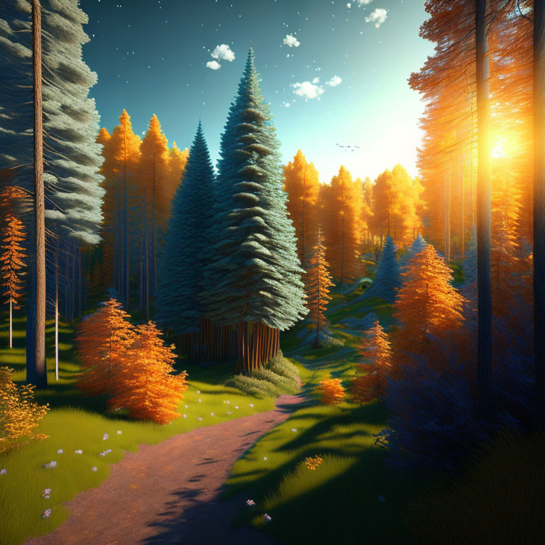 Tranquil Forest Scene with Winding Path and Tall Trees