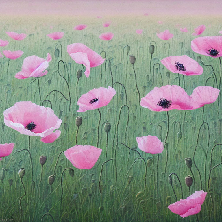 Field of Pink Poppies Painting on Pastel Background