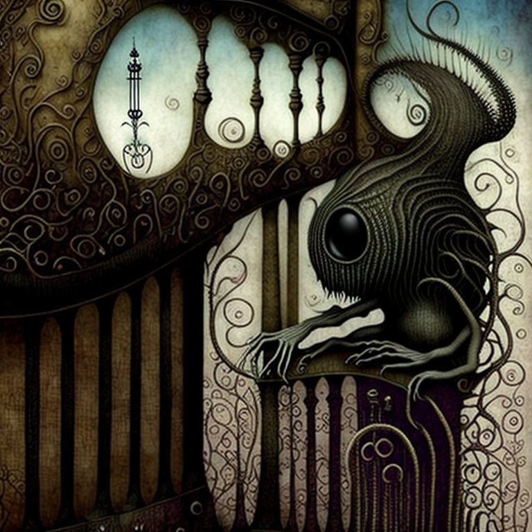 Surreal artwork of creature with large eye on balcony under moonlit sky