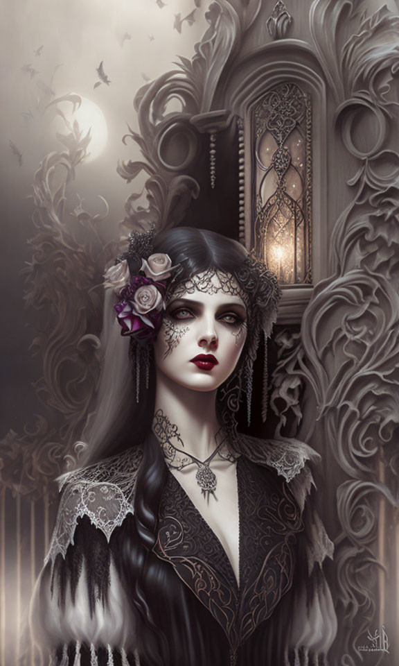 Gothic woman with floral headpiece in misty monochrome setting