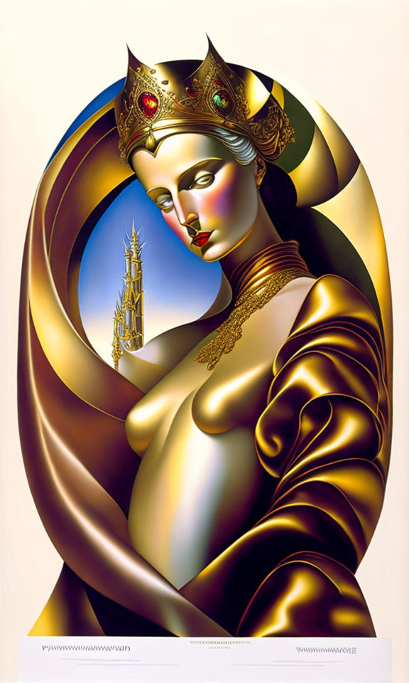 Stylized artwork of woman with golden crown and attire, featuring smooth curves and metallic sheen