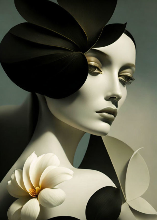 Stylized woman with black and white petals on soft backdrop