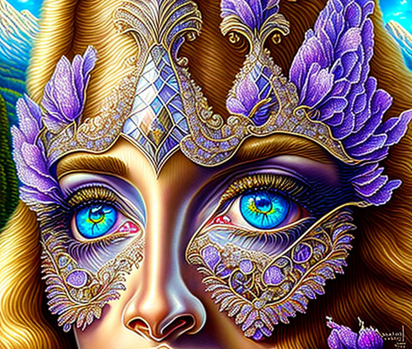 Colorful close-up illustration of woman's face with purple and gold masquerade mask and blue eyes