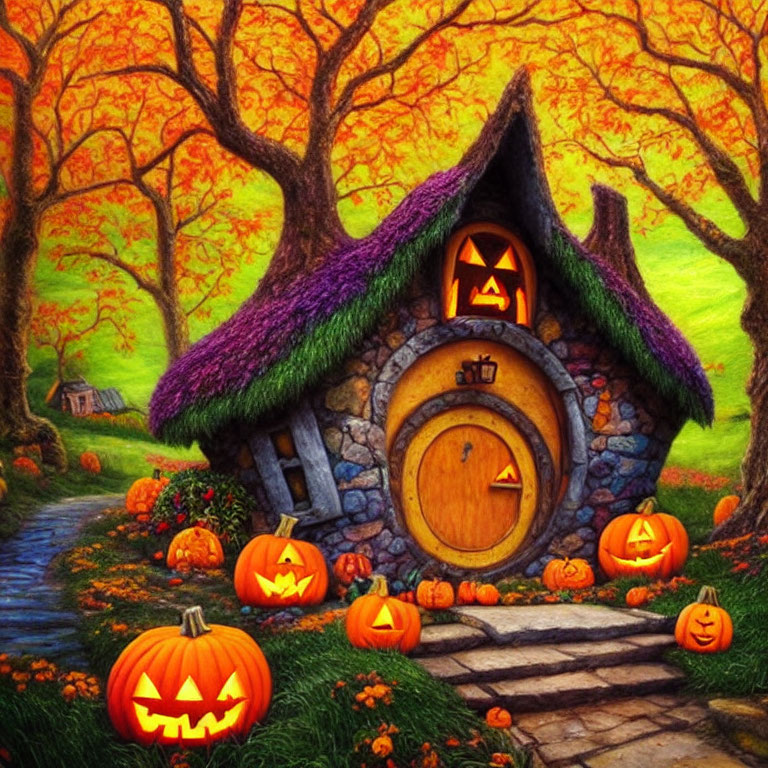 Stone fairy-tale cottage with clock door in autumn scene