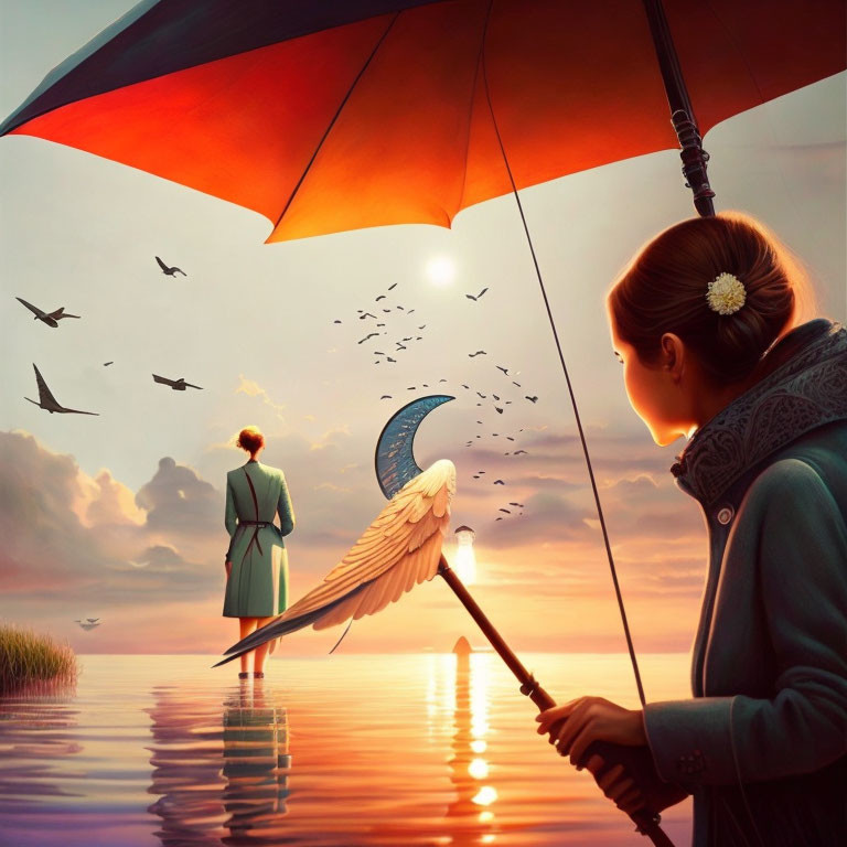 Girl with Winged Umbrella and Woman on Crescent Moon in Surreal Landscape