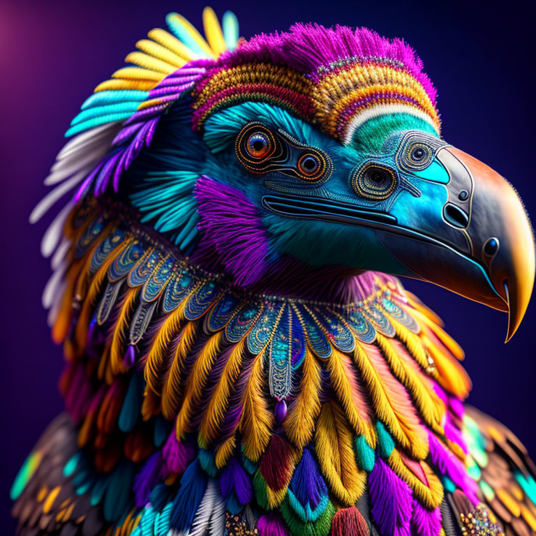 Colorful Bird Artwork with Purple, Gold, and Blue Feathers