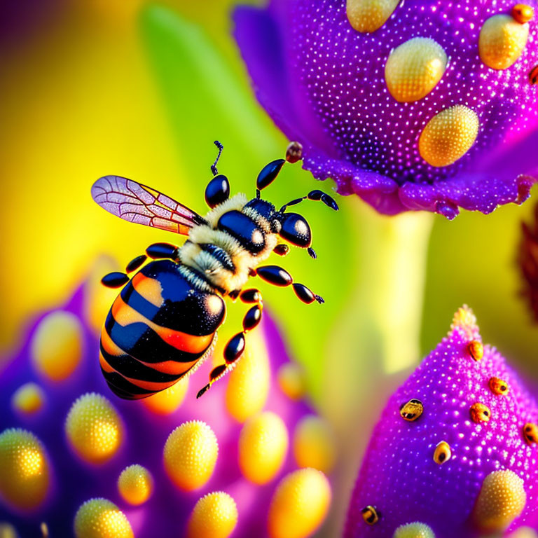 Colorful Bee on Purple Flower with Yellow Spots and Yellow Background