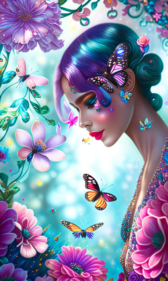 Colorful Artwork: Woman with Purple Hair, Flowers, and Butterflies