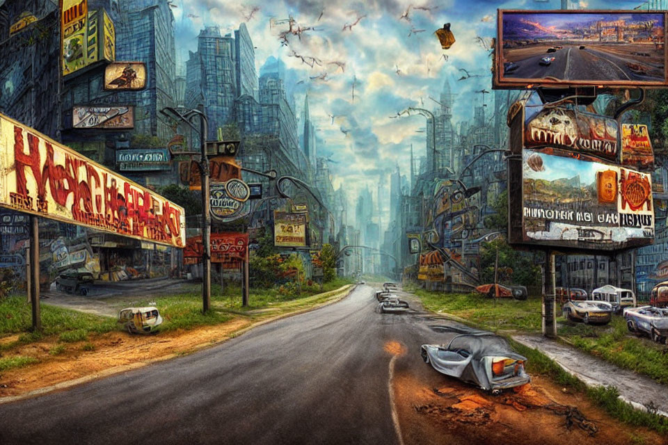 Desolate post-apocalyptic city street with faded billboards and overgrown plants