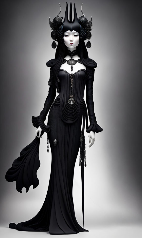 Pale regal female figure in black gothic dress with ornate headdress and draped cloth.