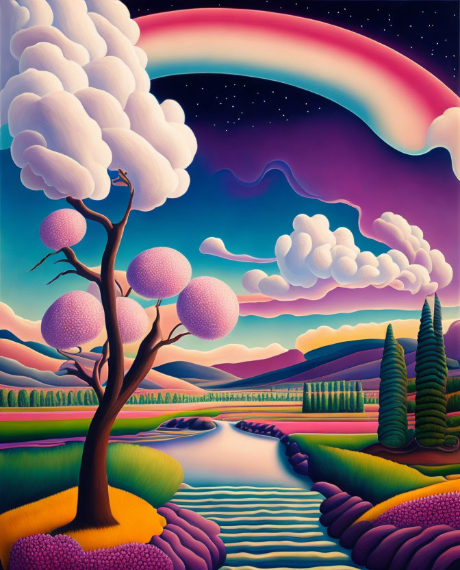 Vibrant stylized landscape with river, spherical trees, rainbow, and starry sky