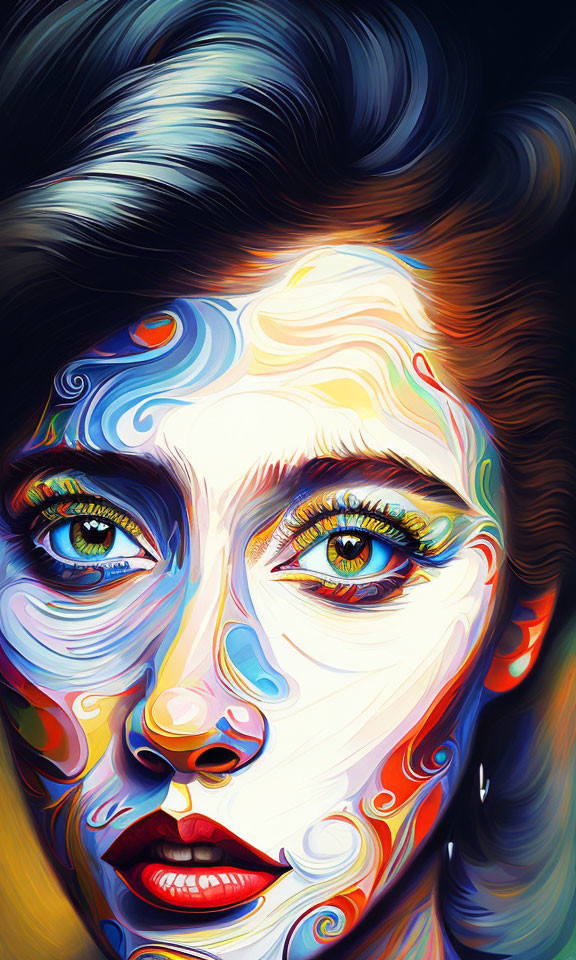 Colorful surreal portrait of a woman with swirling patterns and expressive eyes