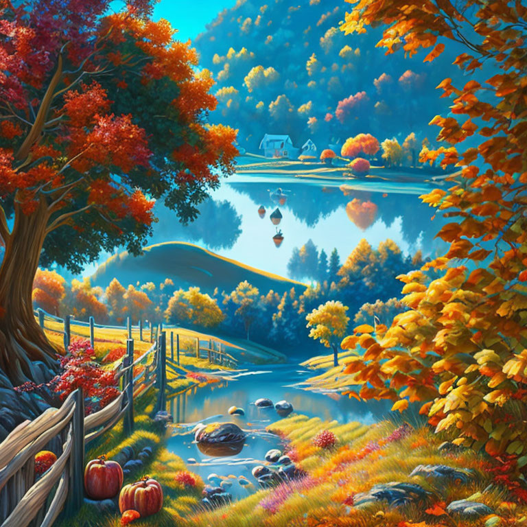 Scenic autumn landscape with vibrant foliage, calm river, hot air balloons, quaint house, and weather