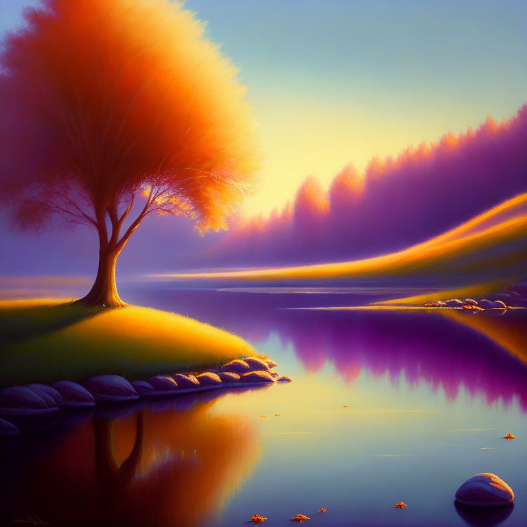 Tranquil landscape: orange tree by calm lake at sunset