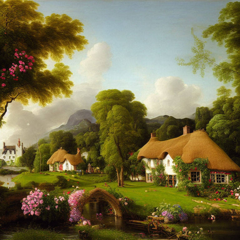 Tranquil rural landscape with thatched cottages, serene river, lush greenery, and peaceful