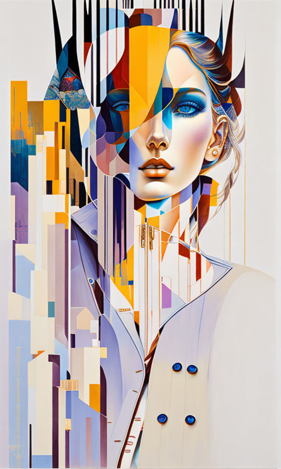 Stylized portrait of woman with blue eyes blending into abstract cityscape.