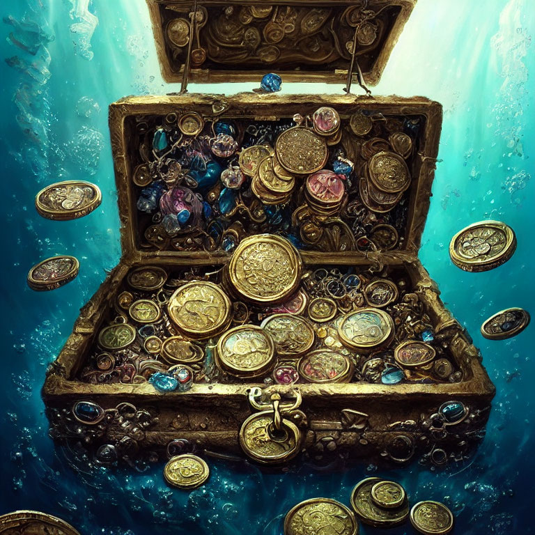 Ornate treasure chest filled with coins and jewels in underwater scene