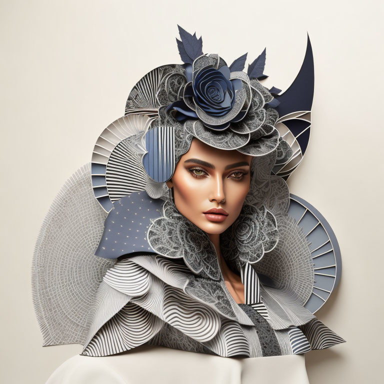 Artistic paper headwear in shades of blue and grey with intricate floral and celestial designs