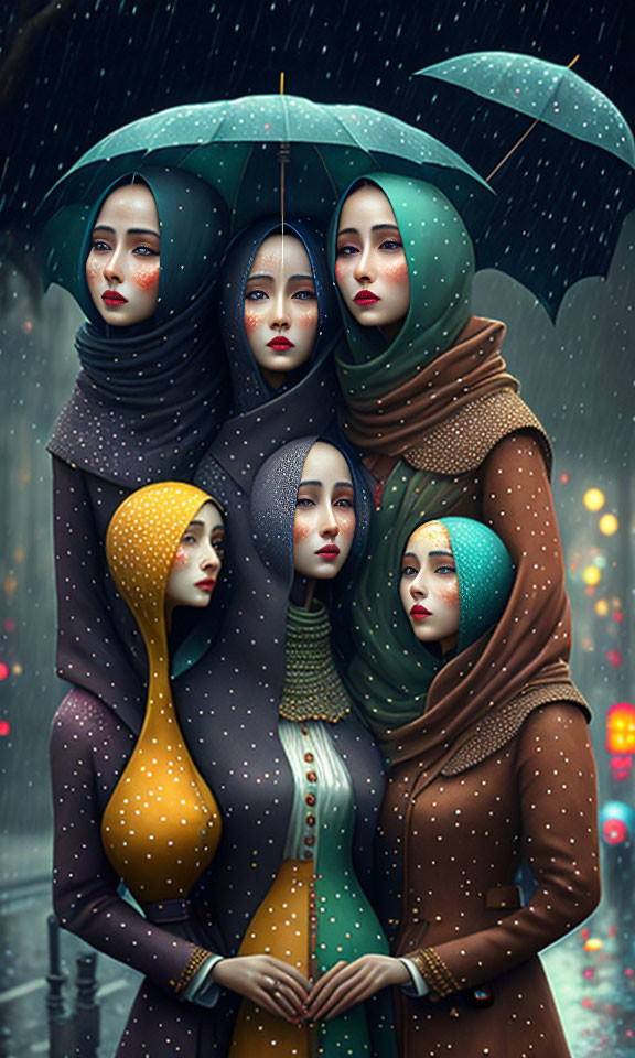 Illustrated women in hijabs under umbrellas in rainy urban scene